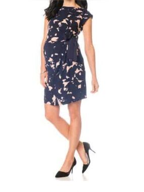 Maternity Sleeveless Navy and Blush Floral Draped Dress Size L